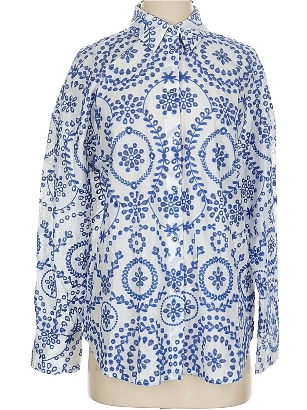 Zara Eyelet White Button-Down Shirt with Blue Embroidered Medallions